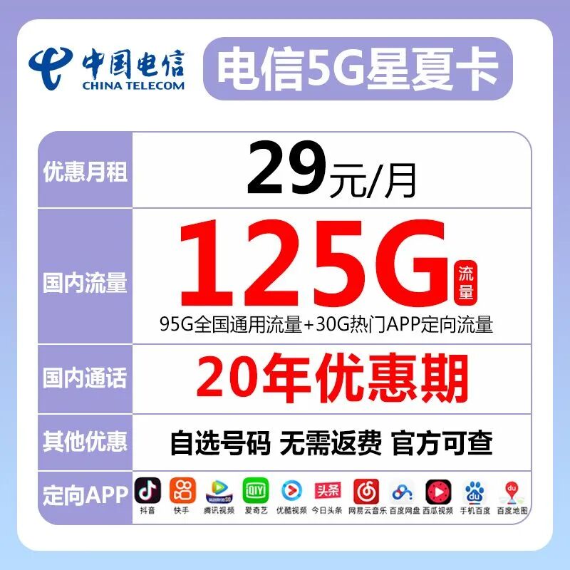 电信星夏卡29元125G全国高速流量