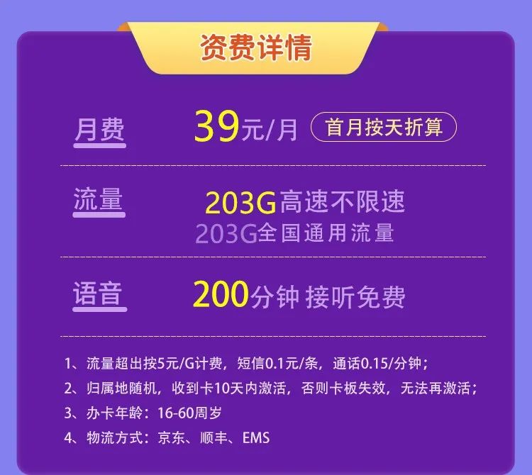 联通云创卡39元203G通用流量+200分钟通话