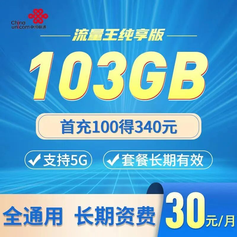 广东联通流量王纯享版30元103G全国通用流量，可办理副卡