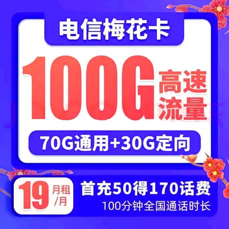 【免费包邮】电信梅花卡19元100G(70G通用流量+30G定向流量)+100分钟通话