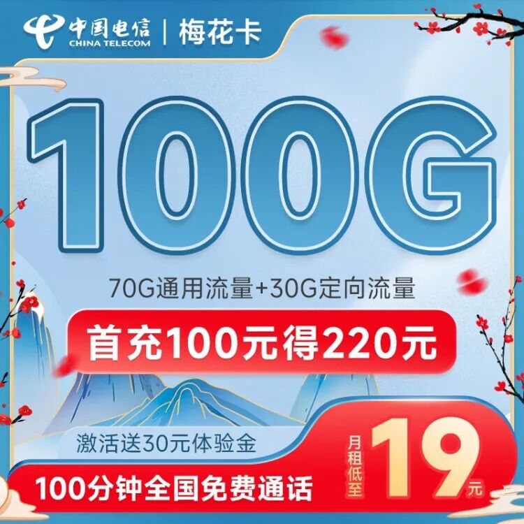 电信梅花卡19元100G(70G通用流量+30G定向流量)+100分钟通话