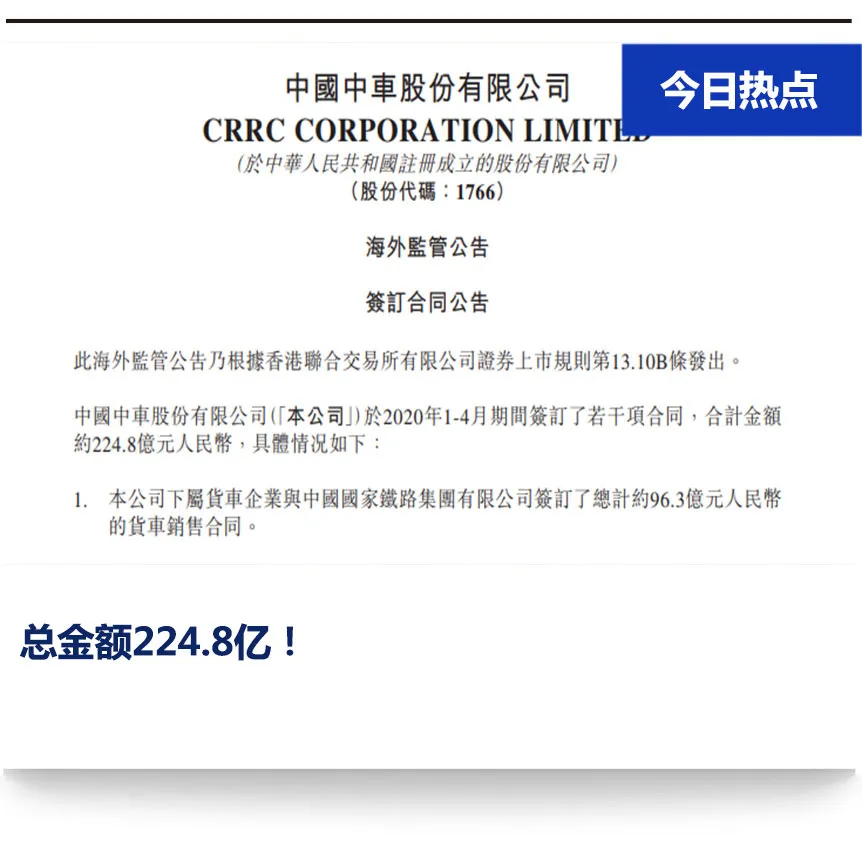 224.8亿！中国中车1-4月合计签订合同(图1)