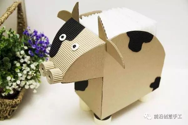 瓦楞纸diy可爱小牛纸巾盒,收纳盒