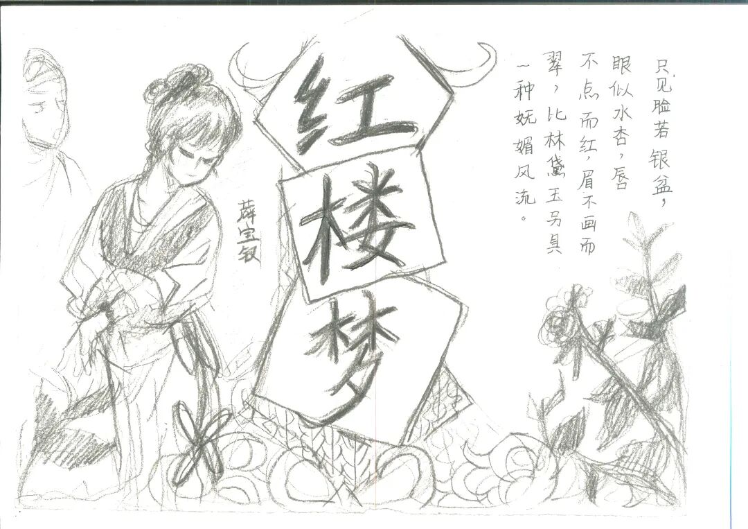 同学们选取自己擅长的绘画形式,附上《红楼梦》人物或情节的文字简介