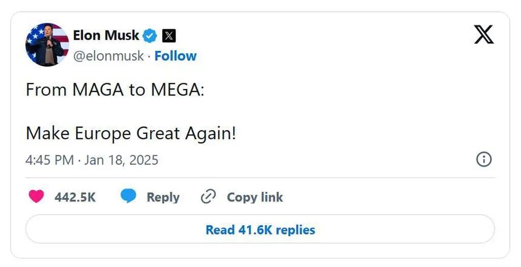 从MAGA到MEGA：马斯克提出口号“让欧洲再次伟大” - 煎蛋