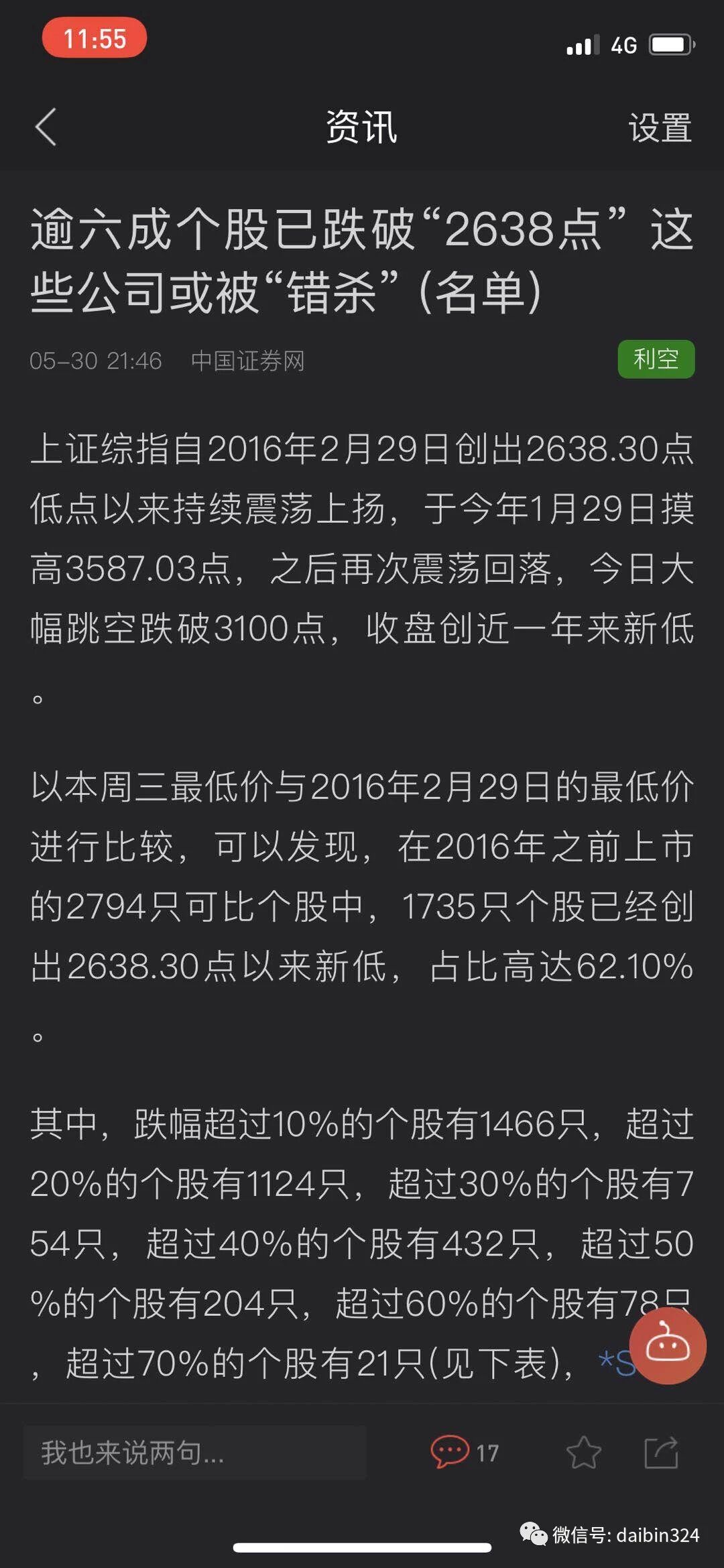 2016年以来的熊市，60%个股创新低，即无论预测什么股都会有60%整体错误率。戴斌老师贴单6只（对4错2）