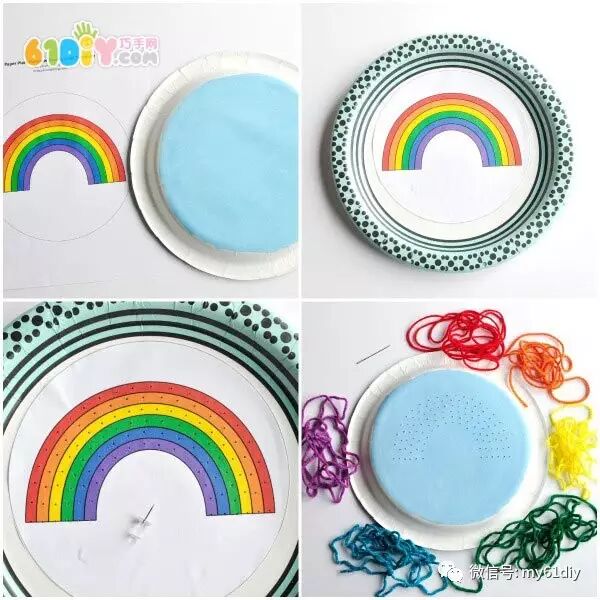 毛线手工制作纸盘彩虹装饰画