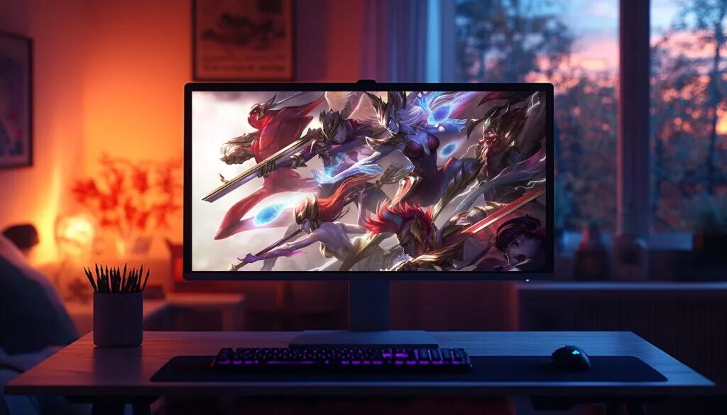 A gaming monitor displays League of Legends skins