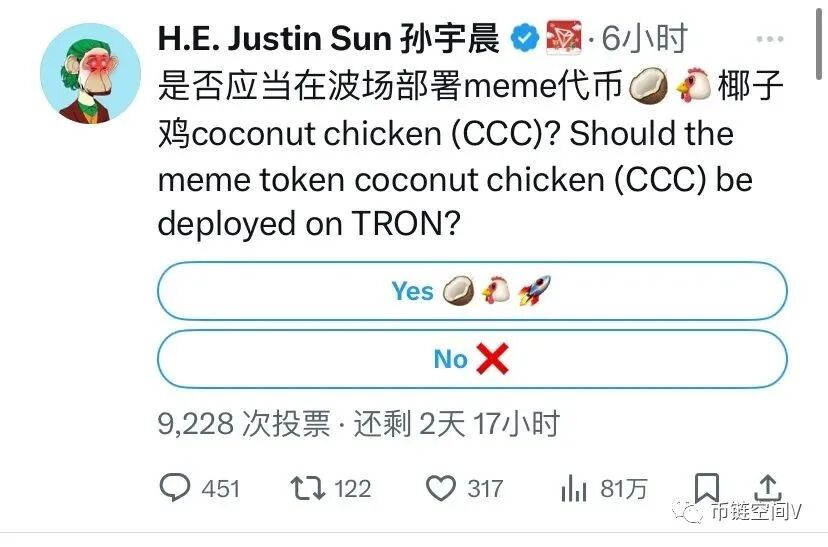 孙宇晨推特掀起“椰子鸡”风暴，波场区块链或将迎来新迷因币？