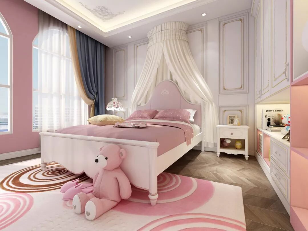 房间的颜色增强了空间层次感皇冠状的床头披纱足以满足小女孩的公主梦