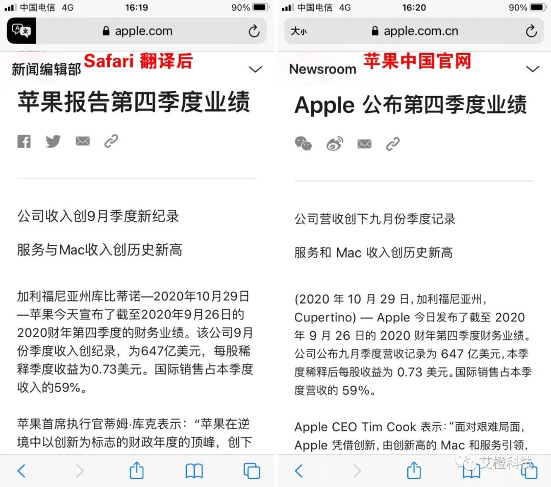 Ios 14 新功能 支持safari 一键翻译 艾橙科技 微信公众号文章阅读 Wemp