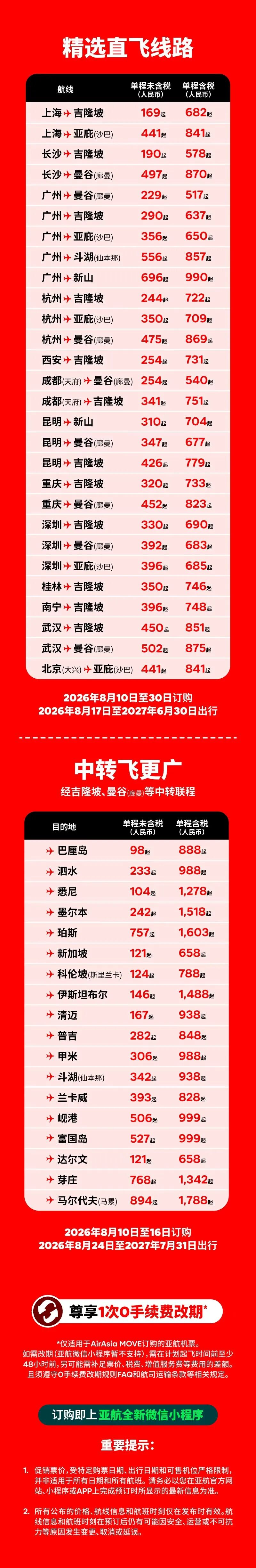 亚航小程序购票享额外10%折上折 行李9折免改期手续费 8月30日截止