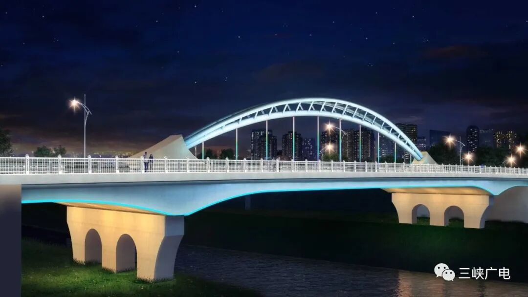 效果图变成一个上层式梁拱组合桥.建成后,桥面宽33.