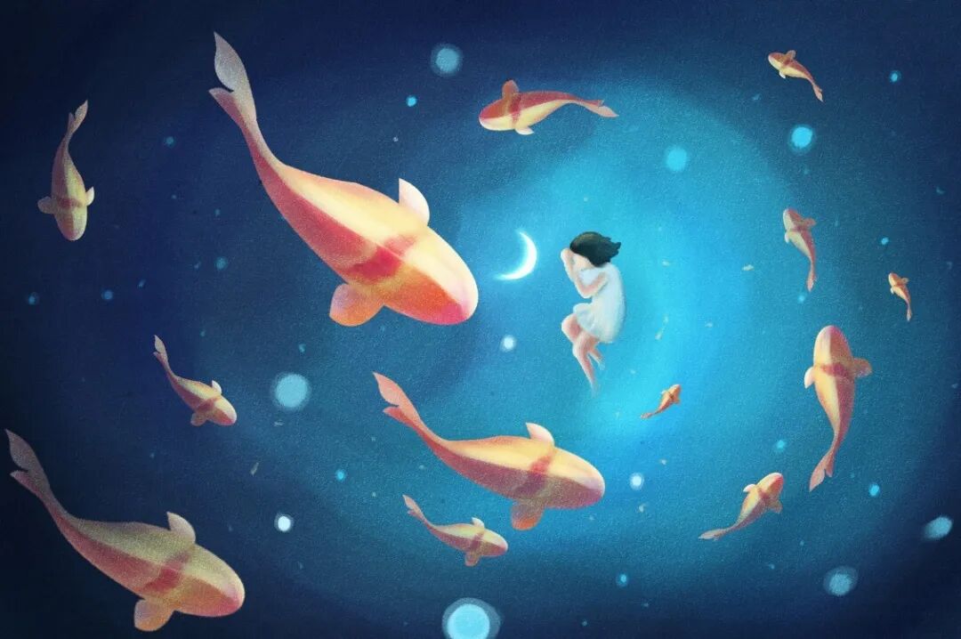 清晨梦境，多彩鱼群预示美好未来