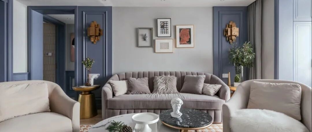 132㎡美式轻奢，墙面蓝色造型，吊顶金属线框，打造安静华丽的雅居！