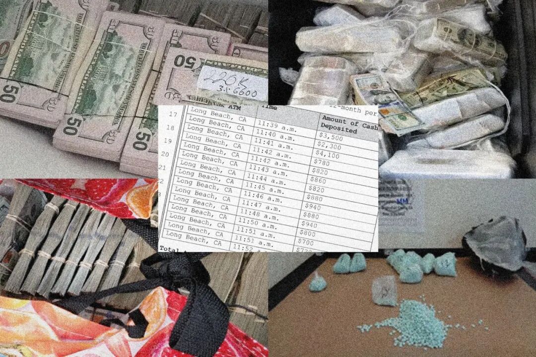 图为法院文件复印件的合成图片，内容涉及检察官所说的中国经纪人为墨西哥锡那罗亚贩毒集团成员洗钱的5000多万美元毒品收益。