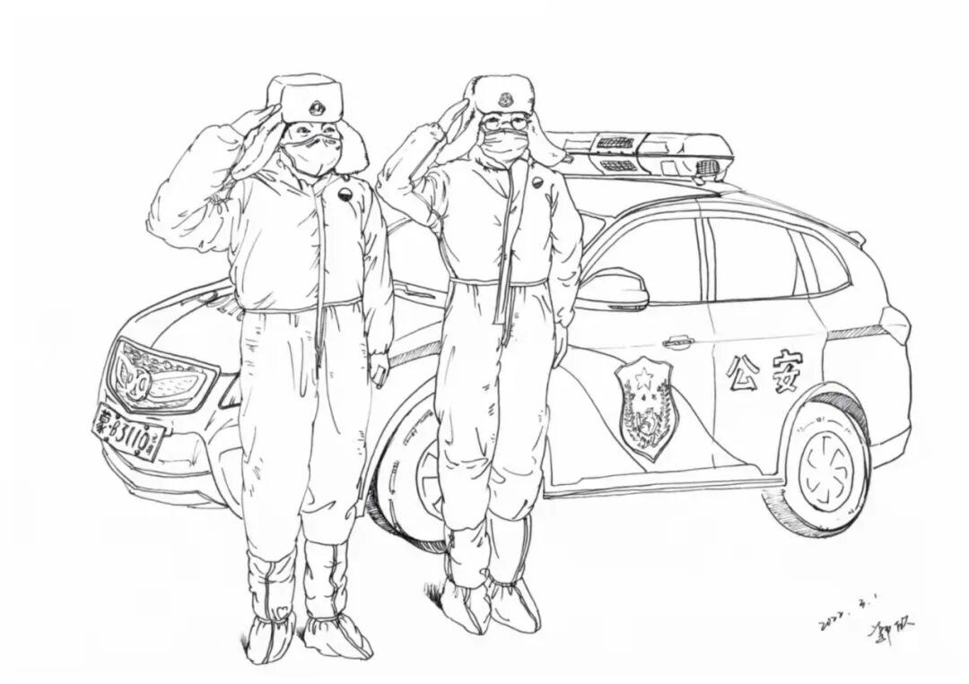 提笔作画辅警用速写记录最美逆行者