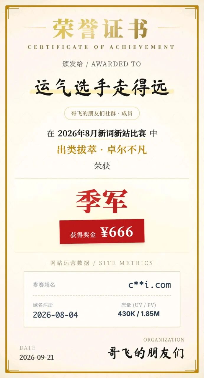 8月新词新站比赛结果 冠军10天140万UV 第二名1700万PV