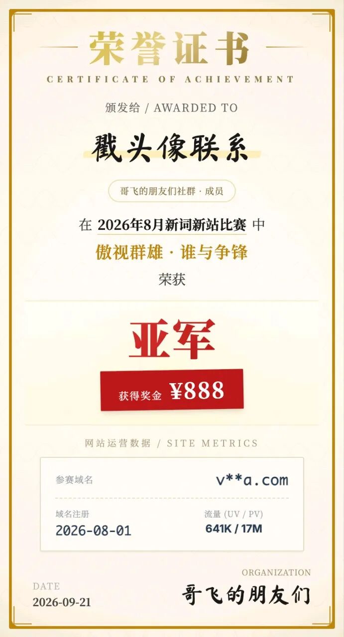 8月新词新站比赛结果 冠军10天140万UV 第二名1700万PV