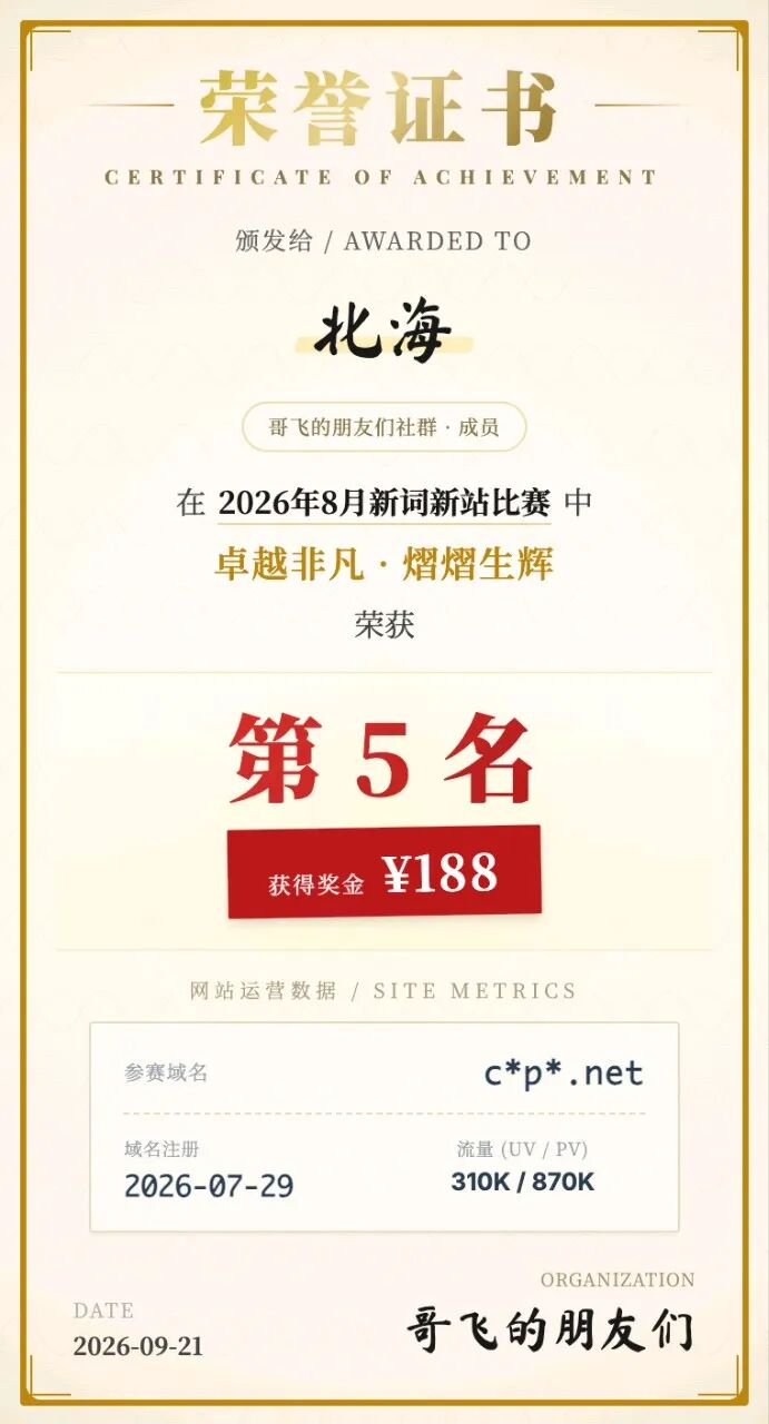 8月新词新站比赛结果 冠军10天140万UV 第二名1700万PV