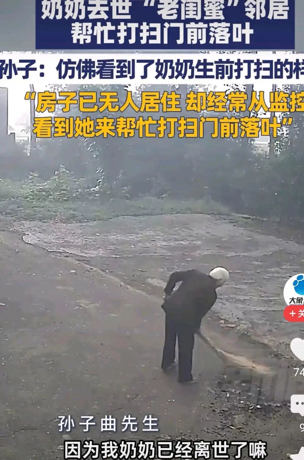 去世3年邻居帮扫落叶,河南一奶奶去世3年“老闺蜜”常来打扫院子，孙子决定去看看