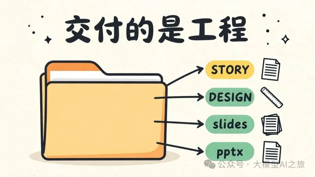 交付的是工程：STORY、DESIGN、slides、pptx 各自可独立修改