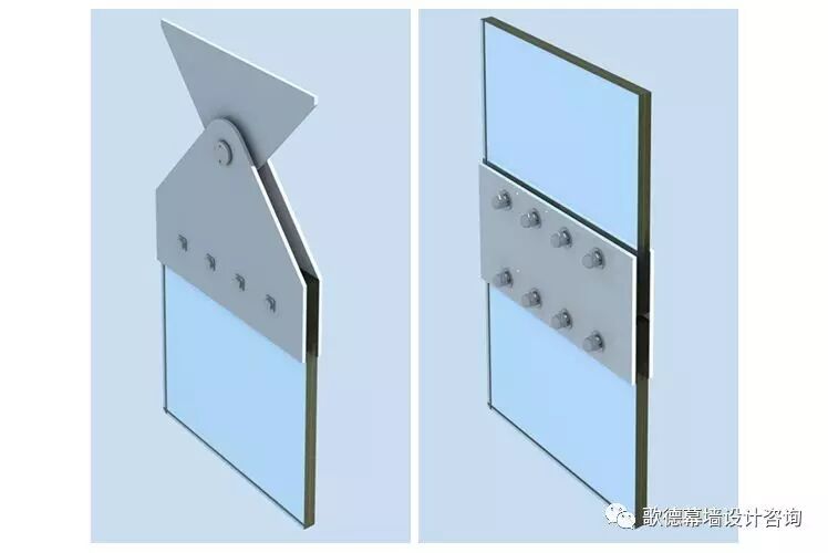 全玻幕墙金属板与玻璃肋连接的方式主要分顶部吊挂连接和中间驳接两种
