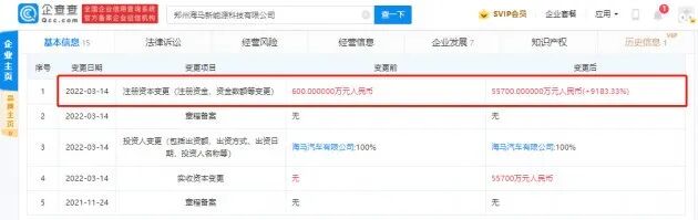 海马汽车旗下新能源公司增资至5.57亿(图1)