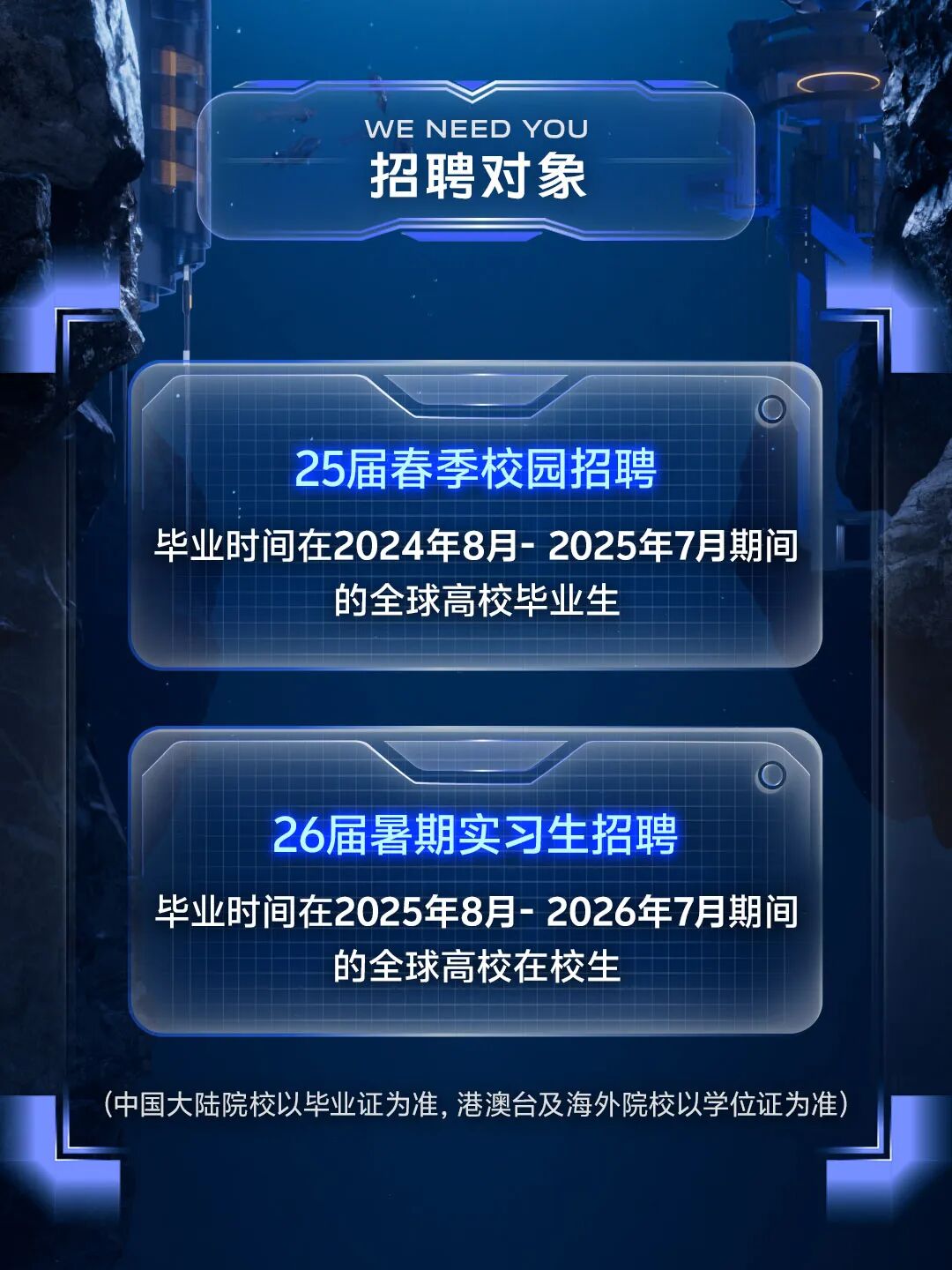 <p>WE NEED YOU<br/>招聘对象</p> <p>25届春季校园招聘</p> <p>毕业时间在2024年8月-2025年7月期间</p> <p>的全球高校毕业生</p> <p>26届暑期实习生招聘</p> <p>毕业时间在2025年8月-2026年7月期间</p> <p>的全球高校在校生</p> <p>(中国大陆院校以毕业证为准，港澳台及海外院校以学位证为准)</p>