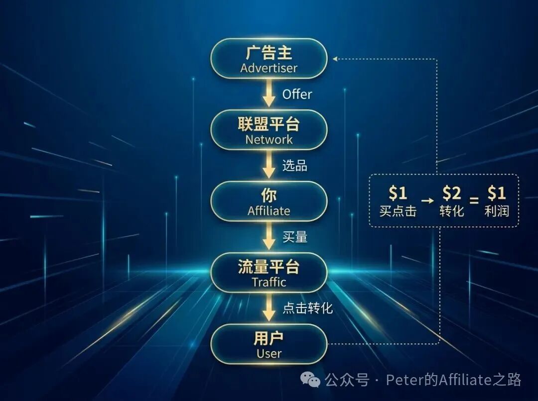 [flowchart] 深蓝色渐变背景，五个圆角矩形节点从上