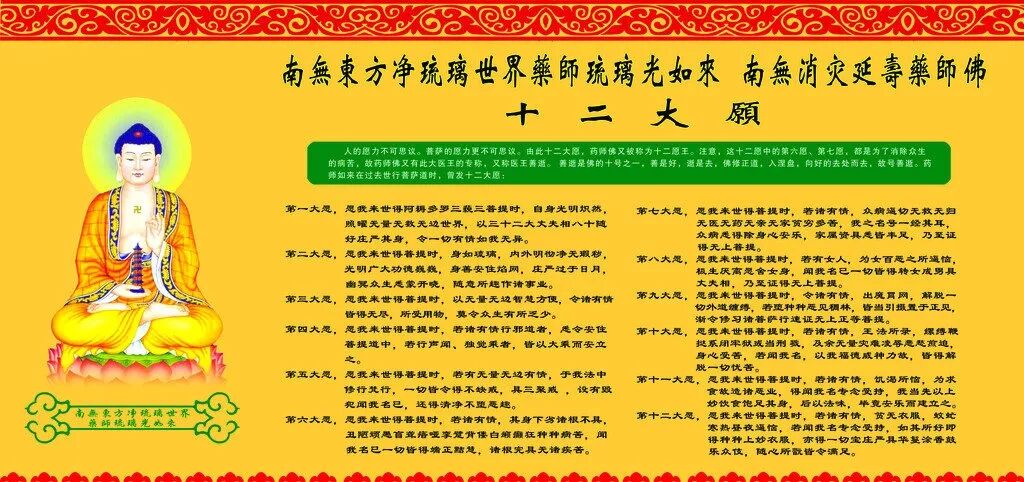 佛光山 消災延壽藥師佛文 星雲大師消災延壽藥師佛又名藥師琉璃光如來 大醫王佛 十二願王 是東方淨琉璃世界的教主 藥師佛身旁有日光 月光二 菩薩脅侍左右 他們是一生補處的菩薩 也是琉璃淨土無量眾中的上首 有時候 藥師佛的兩邊是觀音 勢至二菩薩 或是文殊師