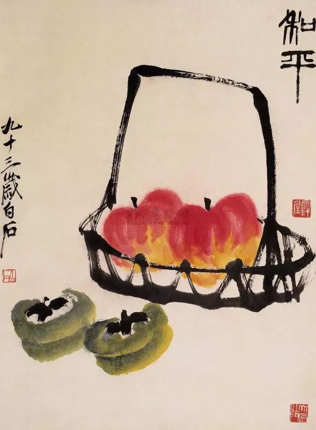 齐白石 柿子落叶乔木柿垒垒,美好红火意相连.