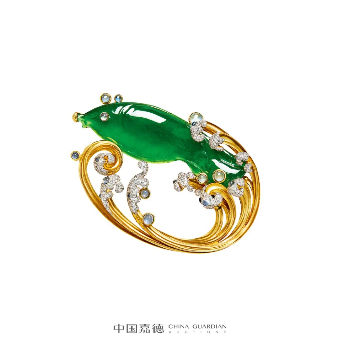lot 1516天然满绿翡翠配钻石「鱼跃龙门」胸针rmb:800,000-1,200,000