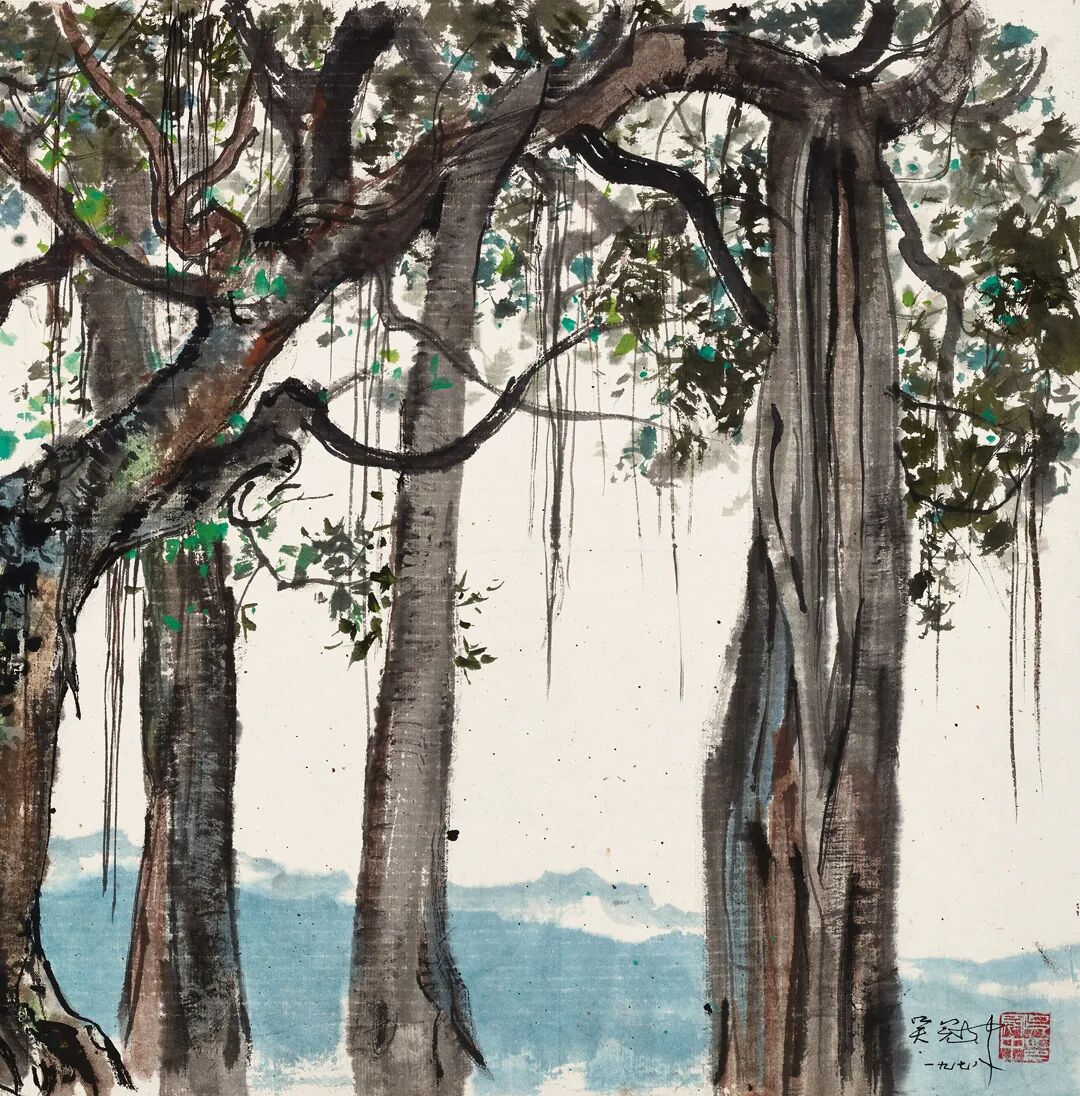 lot 2155吴冠中(1919-2010)西双版纳榕树镜心 设色纸本戊午(1978年)作