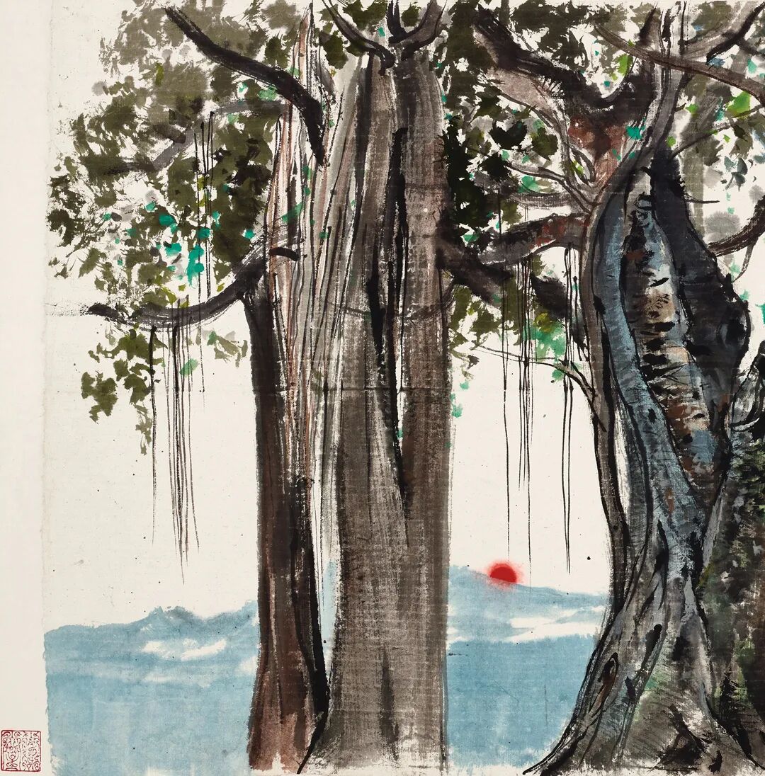 lot 2155吴冠中(1919-2010)西双版纳榕树镜心 设色纸本戊午(1978年)作