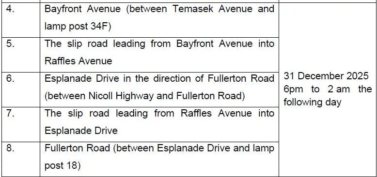 可能是包含下列内容的图片：上面的文字是“lamp post 34F) 5. Bayfront Avenue (between Temasek Avenue and The slip road leading from Raffles Avenue 6. Bayfront Avenue into Esplanade Drive in 7. the direction of Fullerton Road The slip 31 road (between Nicoll Highway and Fullerton Road) leading from Raffles Avenue 8. December 2025 6pm to 2 am the following day into Esplanade Drive Fullerton Road (between Esplanade Drive and lamp post 18)”