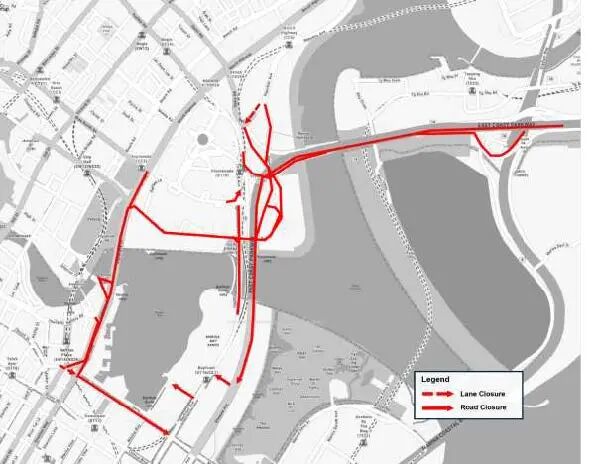 滨海湾周边道路及车道封闭。