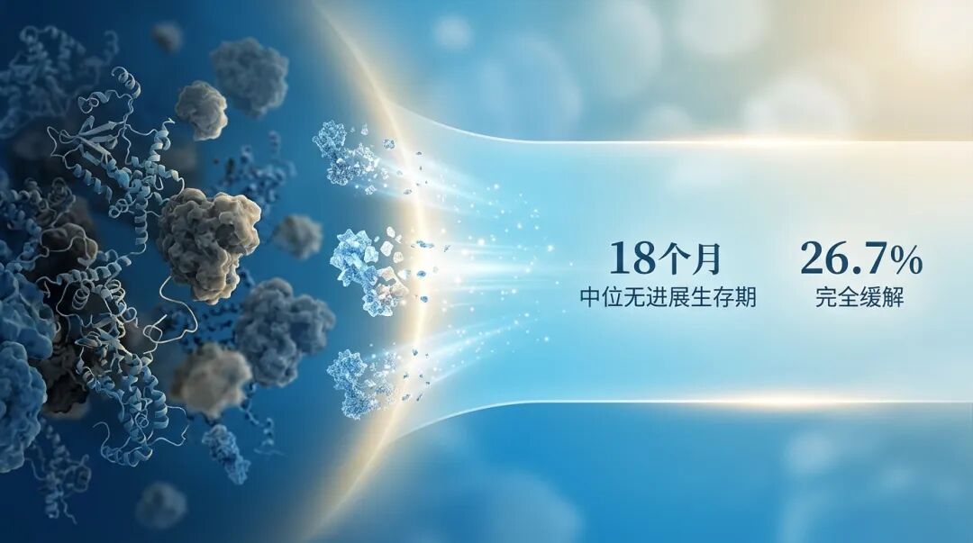 一张温暖且专业的医学插画，展示了治疗后从浑浊到清澈的视觉转变。画面右侧是一条由品牌蓝（#1996D7）和金色暖光构成的宽阔、平稳的路径，象征着新方案带来的“18个月中位无进展生存期”和“26.7%完全缓解”。左侧杂乱的微观元素在光芒中逐渐消散，寓意肿瘤被深度清除，疾病得到长久控制。