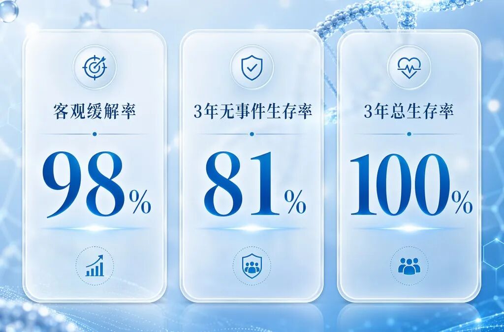 一张专业且富有美感的医学数据图表，包含三个并列的蓝色调数据卡片。卡片分别展示了KEYNOTE-667研究的核心数据：客观缓解率98%、3年无事件生存率81%以及3年总生存率100%。背景采用抽象的医疗元素和柔和的光影，传递出专业与希望。
