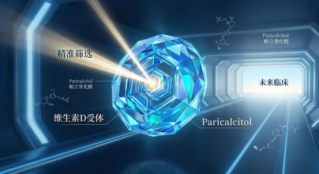 一张充满希望与科学严谨感的医学插画：画面中心是发光的‘维生素D受体’抽象模型，一道精准的光束正在与其匹配，象征通过检测受体实现的精准医疗。背景是通往远方光明的蓝色科技通道，寓意着正在进行的未来大规模临床试验，整体色调采用盛诺一家品牌蓝，传递出专业、温暖且与国际前沿接轨的视觉感受。