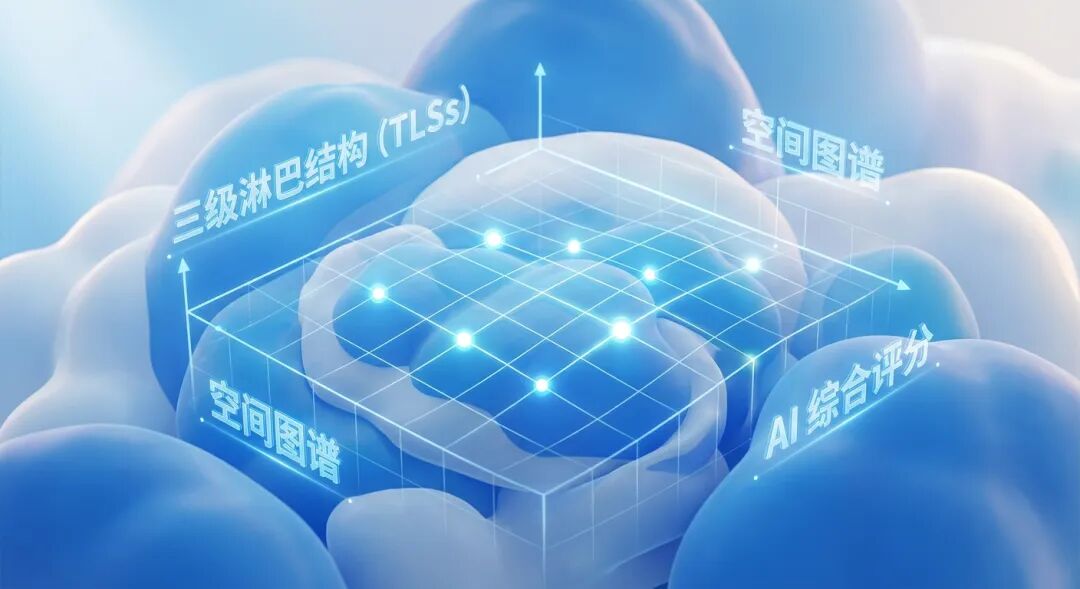 一张展示AI绘制三级淋巴结构（TLSs）空间图谱的医学插画。画面结合了柔和的生物组织形态与高科技的蓝色数字网格，体现了人工智能对肿瘤免疫微环境的精准分析与评分。