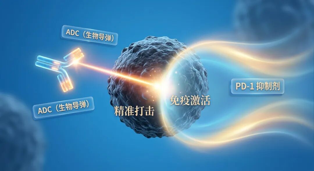 医学科普插画：展示ADC药物（生物导弹）与PD-1抑制剂的协同作用。画面中心为暗色癌细胞，左侧ADC药物释放精准光束，右侧PD-1抑制剂产生柔和免疫光晕，两者汇聚共同锁定癌细胞，配有中文标签‘ADC (生物导弹)’、‘PD-1 抑制剂’、‘精准打击’和‘免疫激活’，色调温暖且富有科技感。