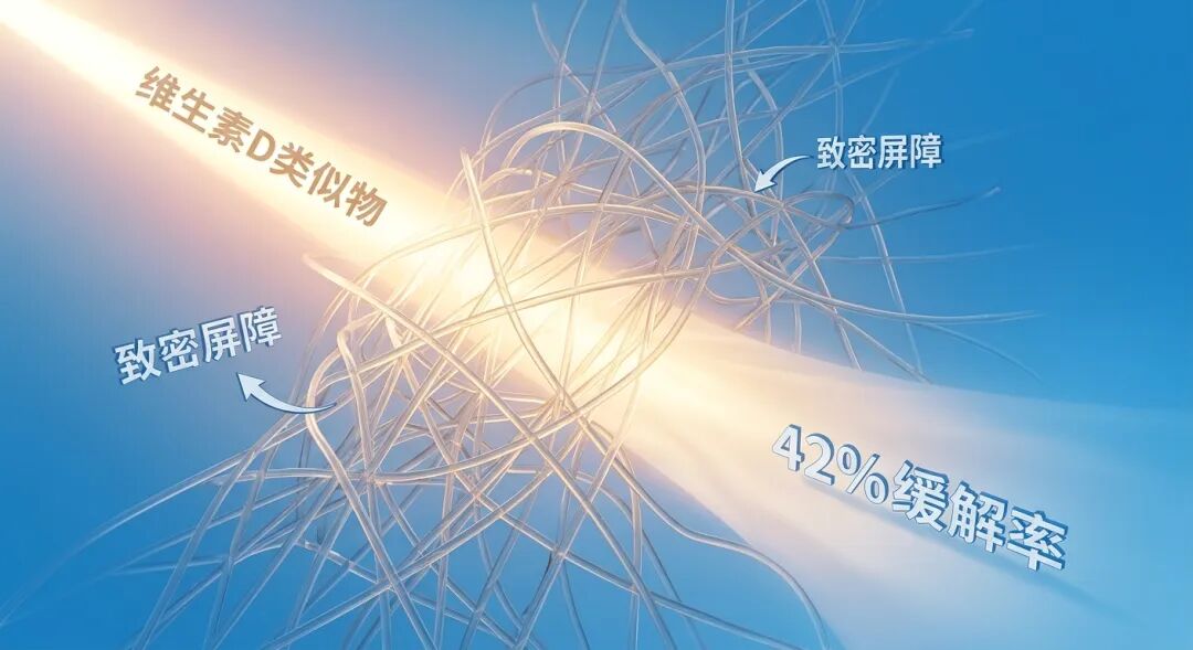 一张具有国际化质感的医学插画。画面以盛诺一家品牌蓝（#1996DF）为基调，展示了温暖的光芒（代表维生素D类似物帕立骨化醇）正在穿透并瓦解胰腺癌肿瘤周围致密的纤维屏障。画面配有中文标签‘致密屏障’、‘维生素D类似物’和‘42% 缓解率’，寓意新疗法带来的突破与希望。