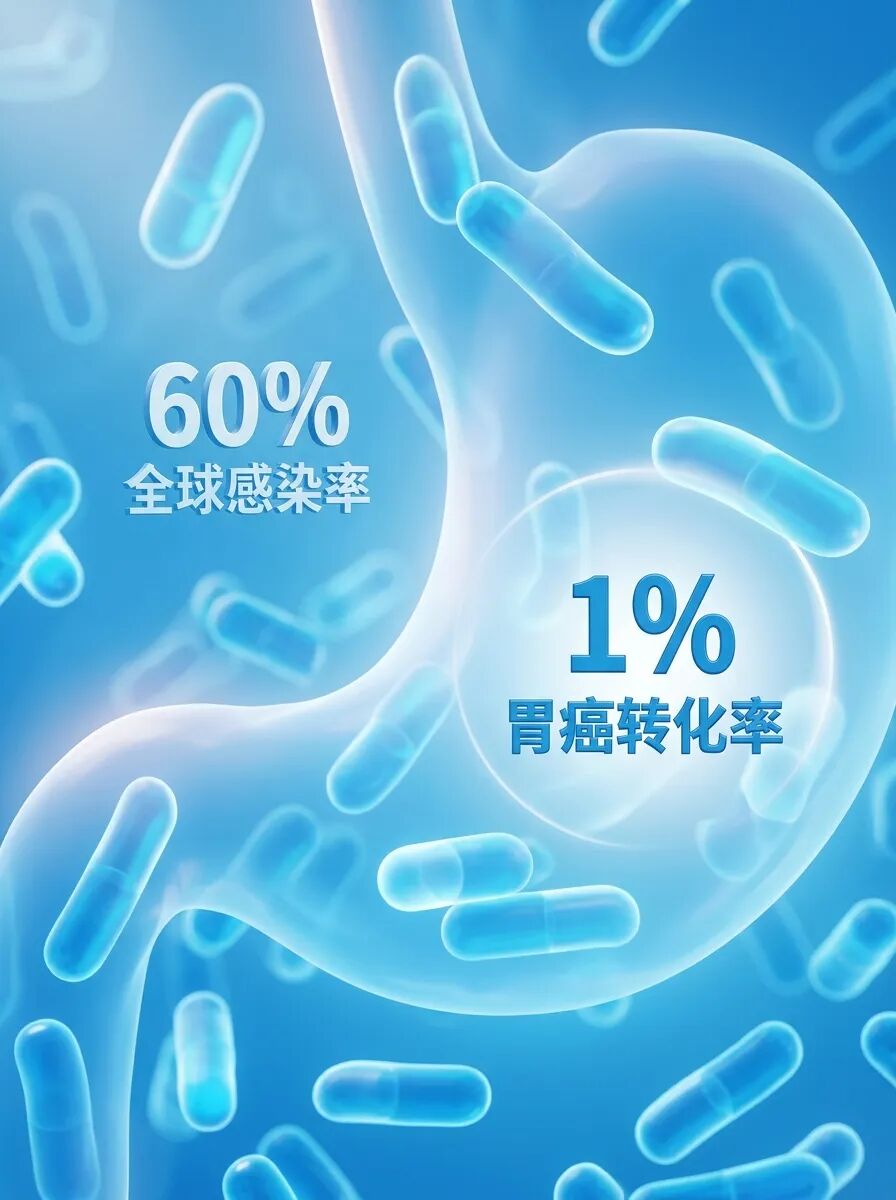一张具有国际顶尖医学期刊质感的抽象插画：在柔和的品牌蓝色调微观世界中，发光的半透明胶囊几何体隐喻幽门螺杆菌，画面中浮现‘60% 全球感染率’与‘1% 胃癌转化率’的文字，传达出揭开医学谜团的专业感与科学探索精神。