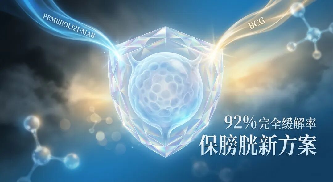 一张充满希望与科技感的医学插画：在盛诺一家品牌蓝（#1996DF）的基调下，一束温暖的晨曦金光穿透疾病阴霾。画面中央是一个被透明晶体盾牌守护的发光球体，寓意通过帕博利珠单抗联合BCG的国际前沿新疗法，92%的极高危非肌层浸润性膀胱癌患者实现了完全缓解，成功保住器官。整体视觉传递出纪念斯隆凯特琳癌症中心研究的权威感与生机。