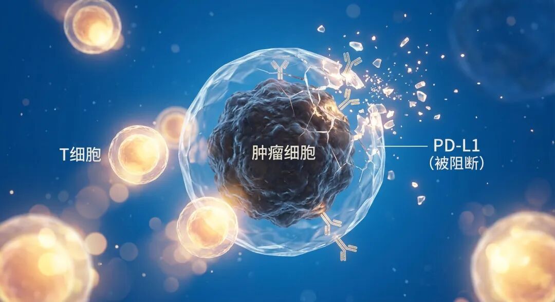 医学插画：展现度伐利尤单抗的作用机制。在品牌蓝色的微观世界中，原本阻碍免疫系统的PD-L1屏障正在破碎，发光的T细胞在药物作用下被重新唤醒，焕发暖色光芒并包围暗色的肿瘤细胞，寓意免疫疗法带来的生命希望。