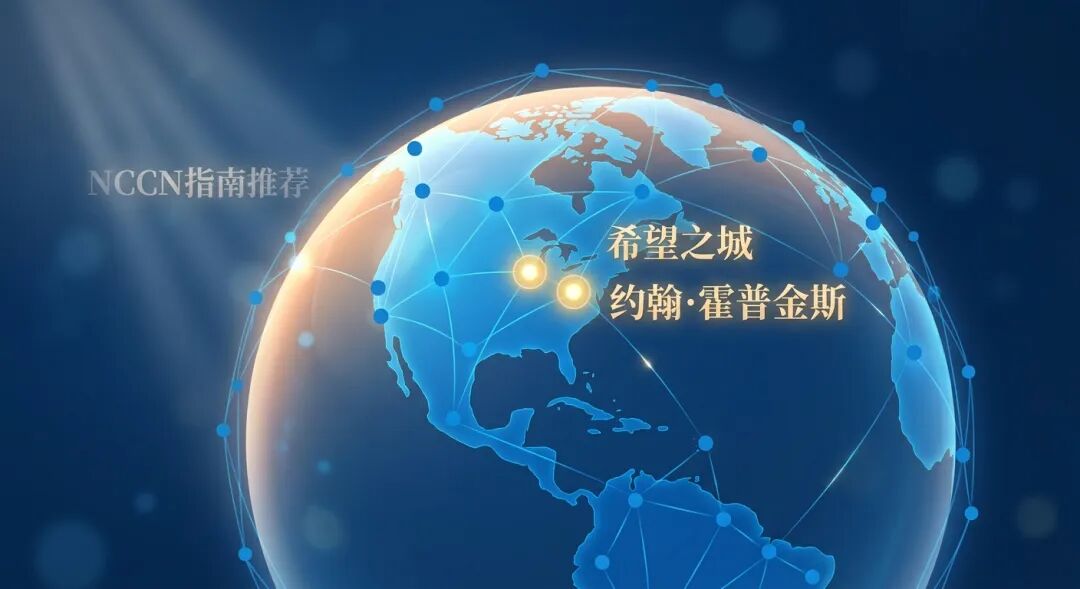 一张展示全球顶级医疗资源的抽象插画。画面以品牌蓝为主色调，通过发光的全球网络连接起“希望之城”与“约翰·霍普金斯”等顶尖癌症中心，并标注“NCCN指南推荐”，象征着权威医疗资源的深度链接与希望。