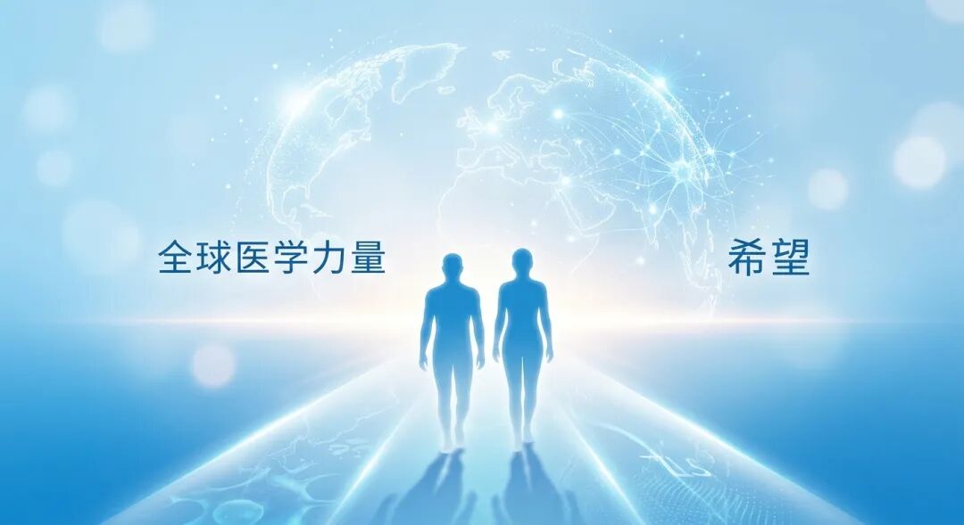 画面呈现温暖而专业的国际化医学插画风格。在盛诺一家品牌蓝（#1996DF）构成的柔和光影中，一个抽象的地球轮廓浮现在背景中，象征着文中提到的MD安德森等全球顶尖医学力量。画面中央，抽象的人物剪影正沿着一条由科研成果汇聚而成的柔和光带向明亮的远方前行，寓意着医学的进步正为患者照亮希望之路。