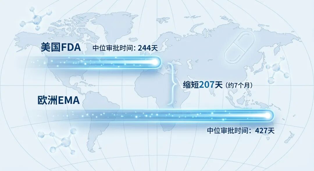 抽象医学插画：对比美国FDA与欧洲EMA抗癌药审批速度。上方蓝色光带代表FDA（244天），下方代表EMA（427天），中间标注207天的显著时间差。背景结合全球经纬线与发光分子，体现国际化专业感与“时间即生命”的品牌关怀。