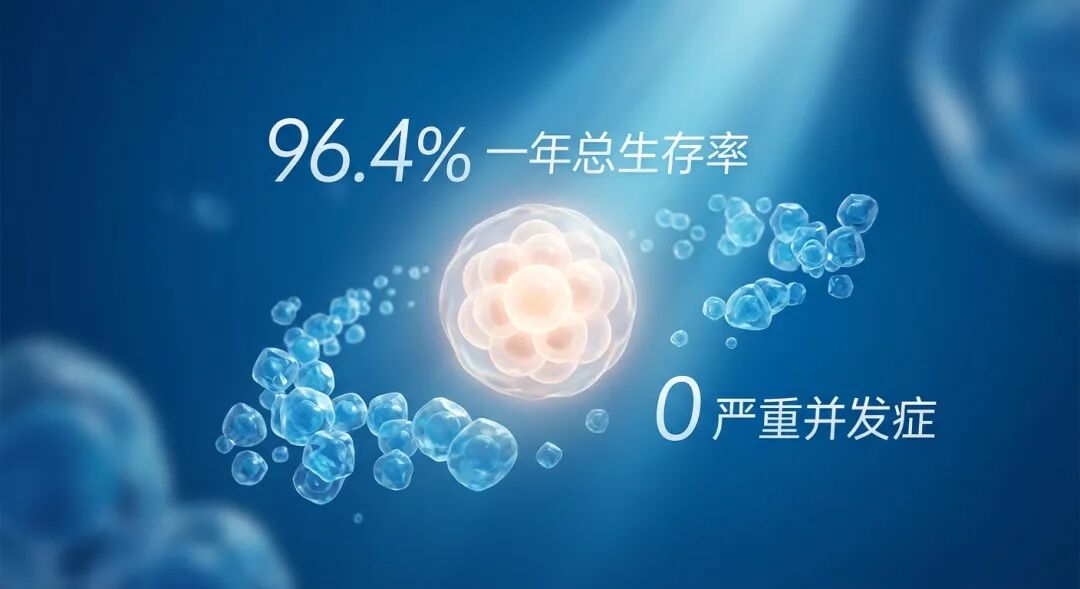 一张充满希望感的抽象医学插画，展示了96.4%的高生存率和0严重并发症的医学突破。画面以盛诺一家品牌蓝为基调，柔和的光束照亮了象征新生的造血干细胞，传递出国际前沿医疗带来的生命曙光。